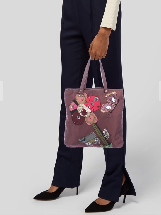Prada Handbags - Prada Tessuto Nylon Saffiano Leather Python Trimmed Embellished Floral Tote Bag